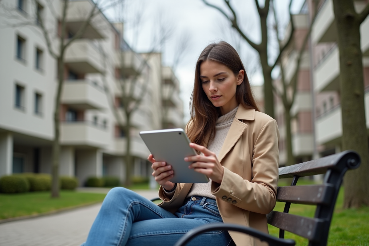 Jeune femme consulte des annonces immobilières dans un parc