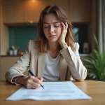 Jeune femme signant un contrat de location dans un appartement moderne
