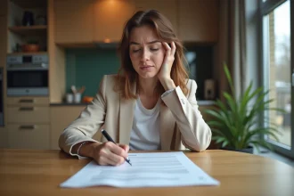 Jeune femme signant un contrat de location dans un appartement moderne