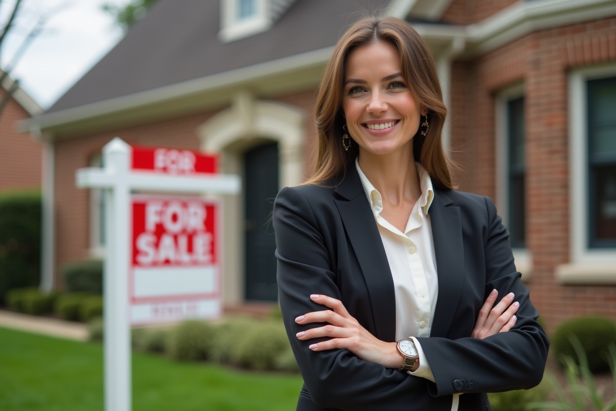 Jeune femme souriante devant une maison avec panneau vendu