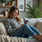 Jeune femme en salon cosy utilisant son smartphone