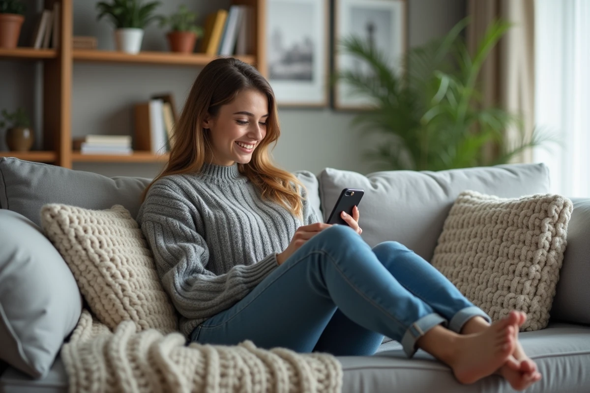 Jeune femme en salon cosy utilisant son smartphone
