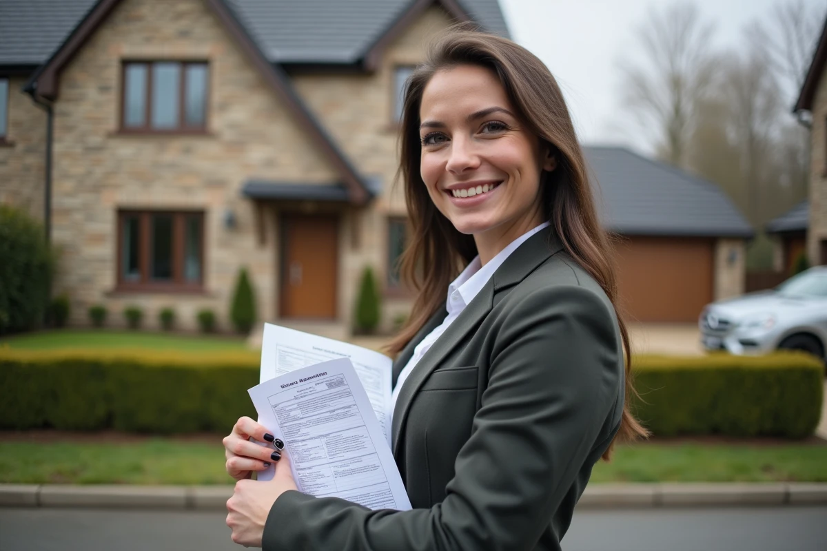 Jeune femme souriante tenant des clés devant une maison moderne