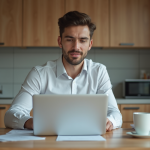 Jeune homme au bureau avec ordinateur et documents