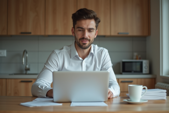 Jeune homme au bureau avec ordinateur et documents