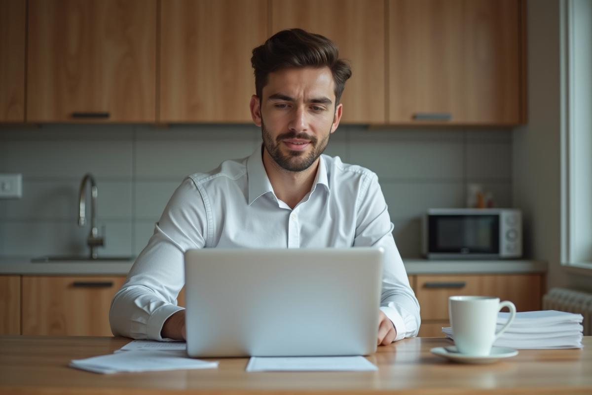 Jeune homme au bureau avec ordinateur et documents
