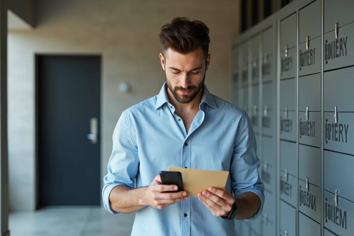 Jeune homme vérifiant ses emails dans un hall d