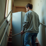 Jeune homme déplaçant un réfrigérateur dans un escalier étroit