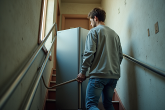 Jeune homme déplaçant un réfrigérateur dans un escalier étroit