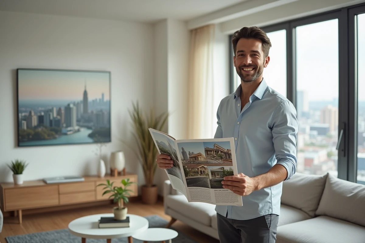 Jeune homme souriant avec magazine immobilier dans salon