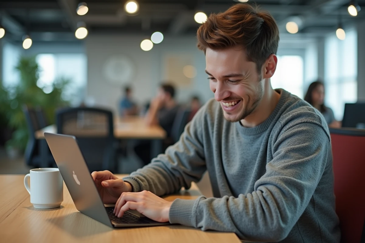 Jeune homme découvrant une fonctionnalite sur une tablette en coworking