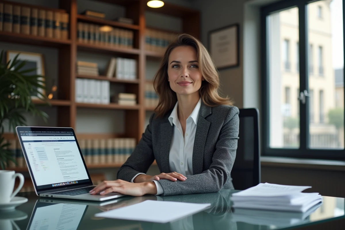 Juriste française analysant la réglementation BIM sur ordinateur portable dans un cabinet d'avocat parisien contemporain