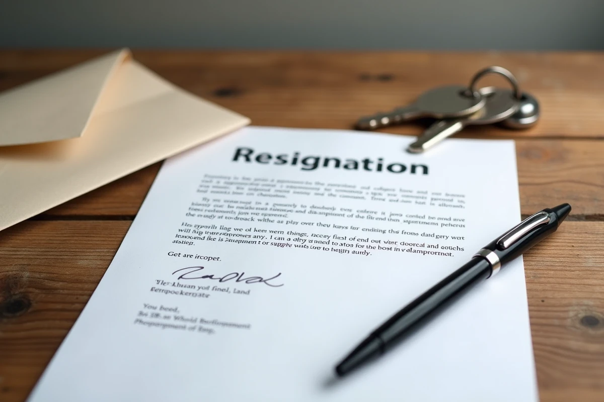 Lettre de préavis signée avec clés d'appartement et enveloppe timbrée prête à envoyer