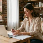 Jeune femme locataire consultant des documents d'assurance habitation à la table de sa cuisine