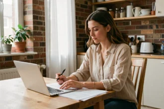 Jeune femme locataire consultant des documents d'assurance habitation à la table de sa cuisine