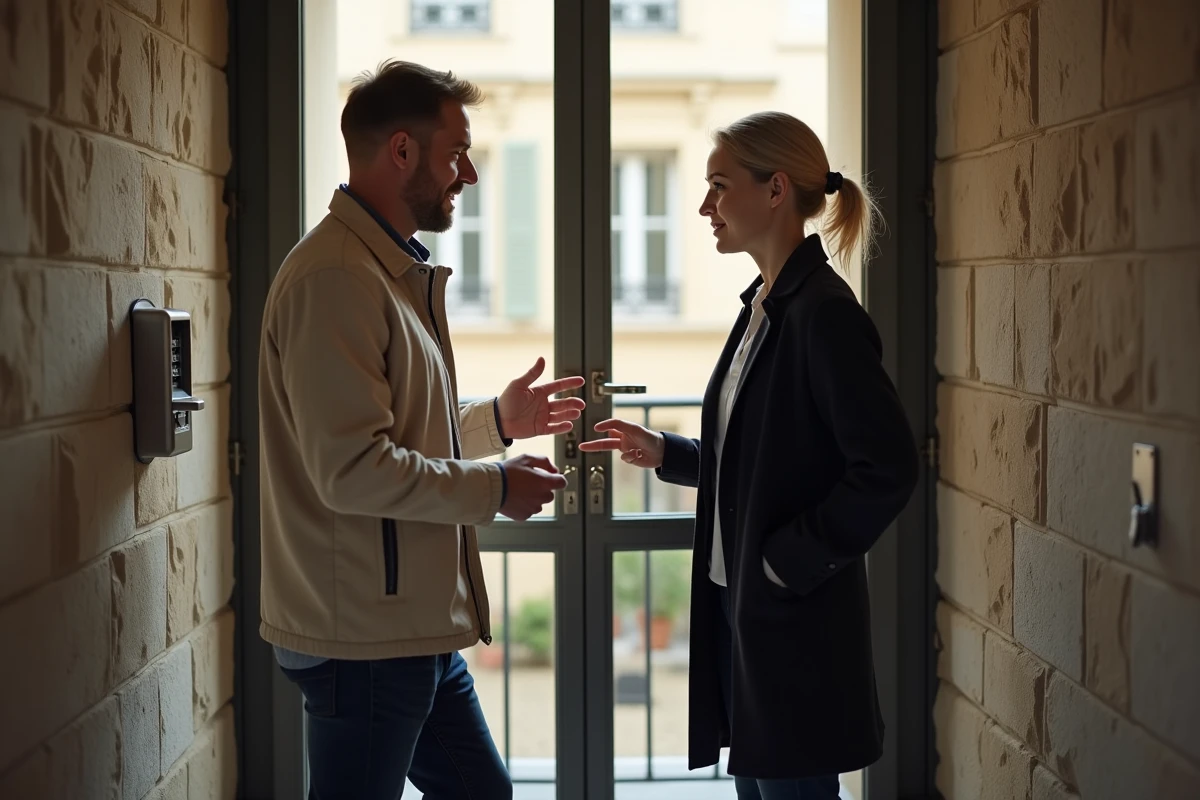 Locataire et propriétaire discutant du changement de serrure devant une porte d'appartement lors de la remise des clés