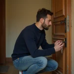 Locataire examinant la serrure de sa porte d'appartement avant un état des lieux de sortie