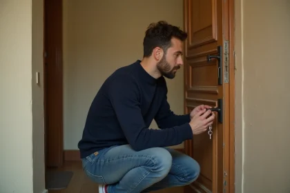 Locataire examinant la serrure de sa porte d'appartement avant un état des lieux de sortie