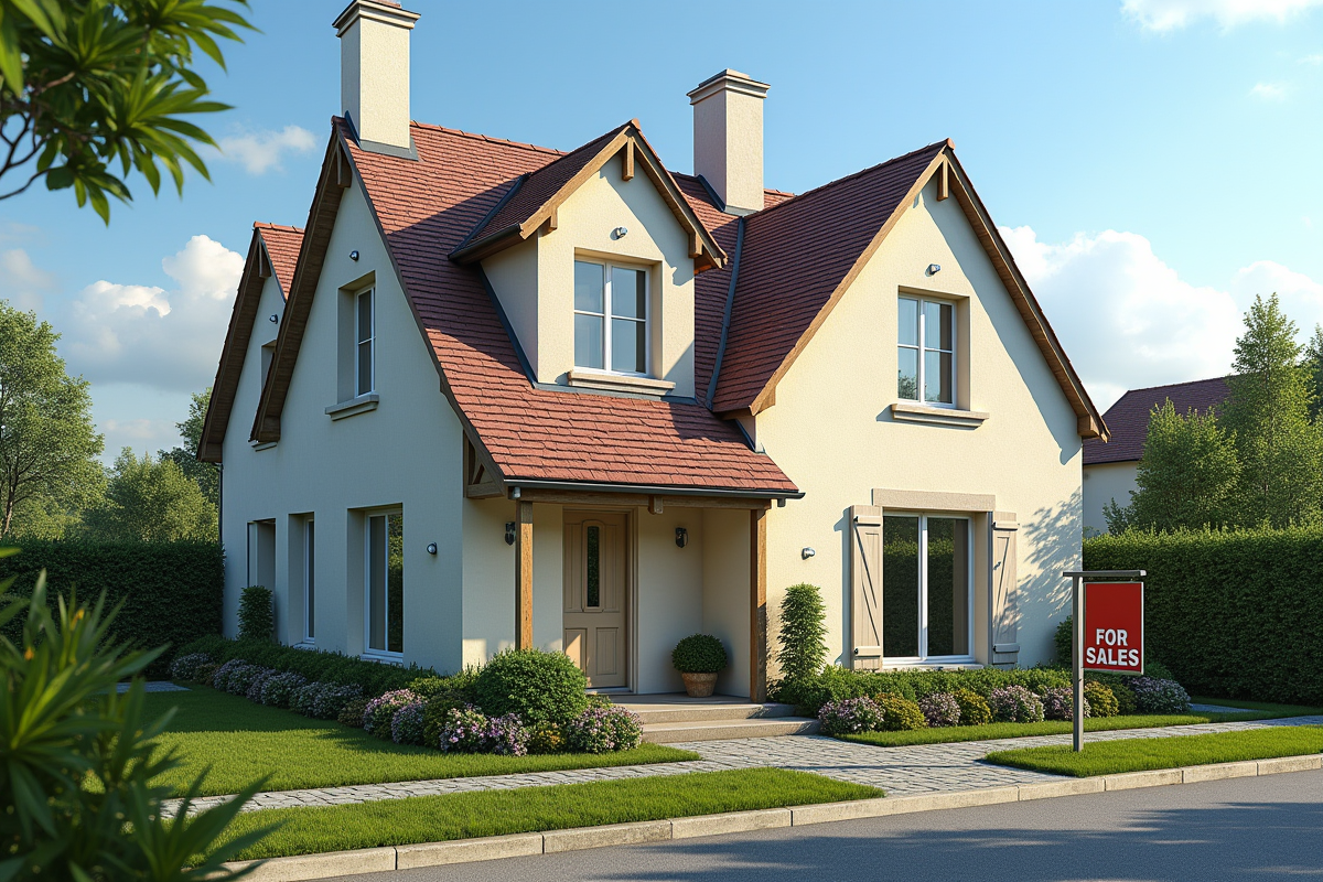 Maison de banlieue en vente avec jardin et panneau 