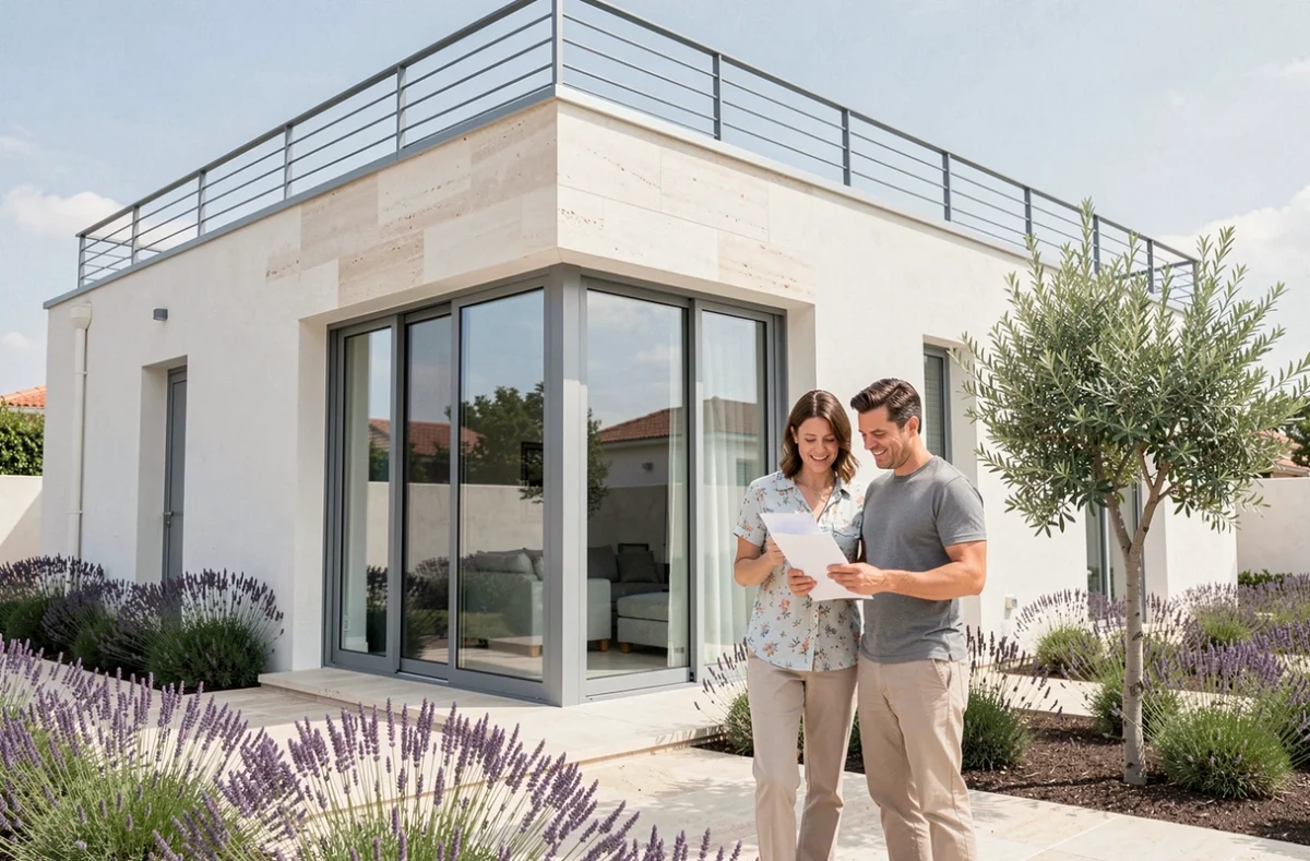 Couple devant leur maison individuelle neuve dans l'Hérault, construction contemporaine avec façade blanche et jardin méditerranéen aménagé