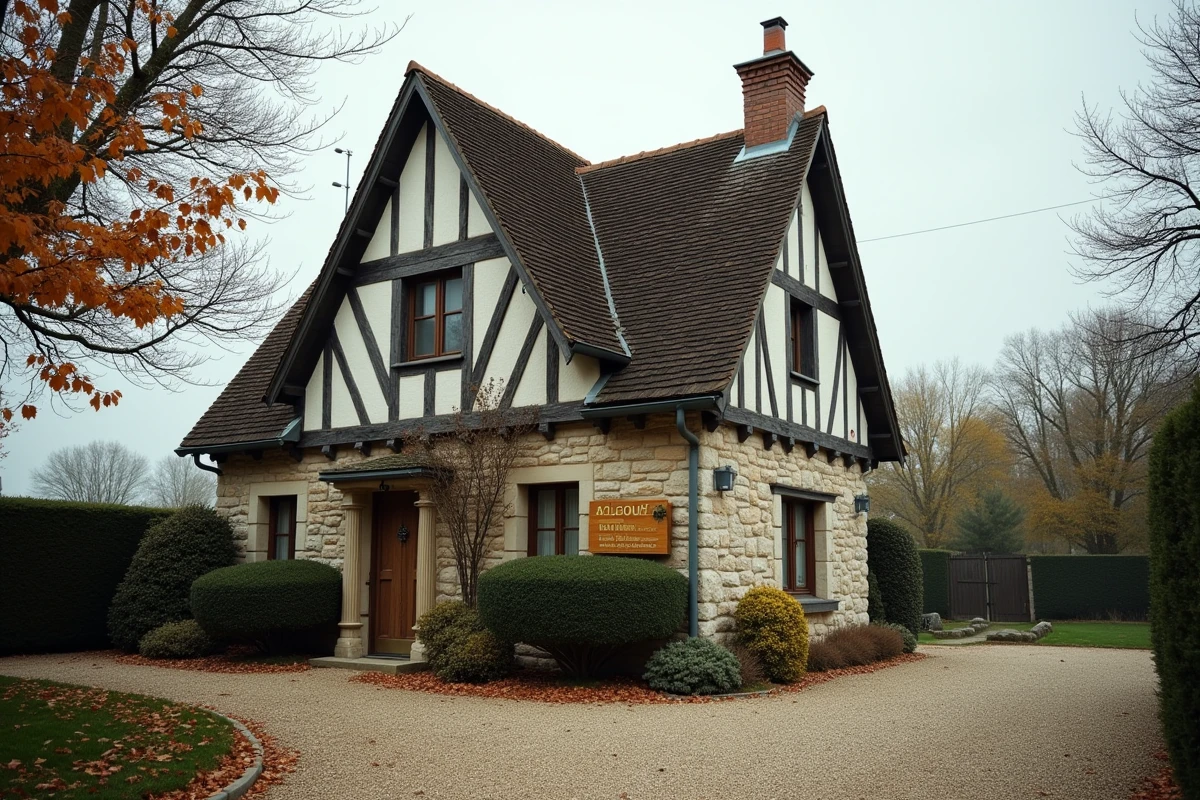 Maison normande traditionnelle à louer dans l'Eure sans agence, façade en colombages avec panneau à louer sur la porte