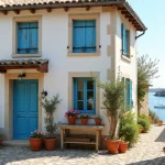 Maison de pêcheur en pierre avec volets bleus et terrasse dans un village côtier français, idéale pour la location saisonnière