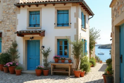 Maison de pêcheur en pierre avec volets bleus et terrasse dans un village côtier français, idéale pour la location saisonnière