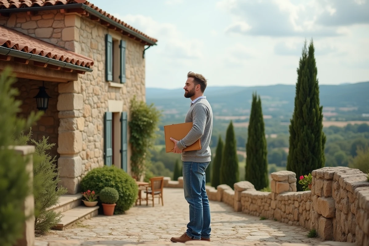Propriétaire devant une maison en pierre typique des coteaux français avec documents d'assurance
