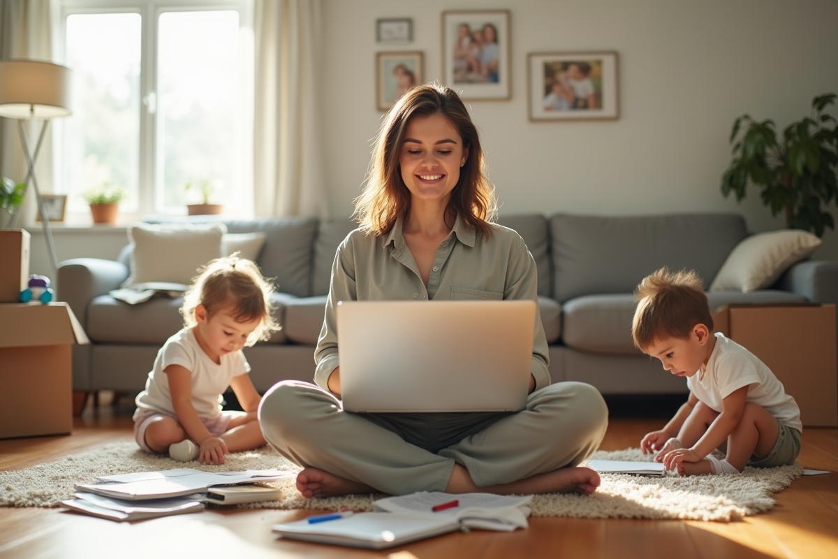 Maman avec enfants jouant dans un salon lumineux