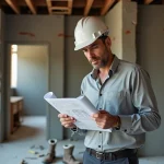 Marchand de biens examinant des plans de rénovation dans un appartement en travaux
