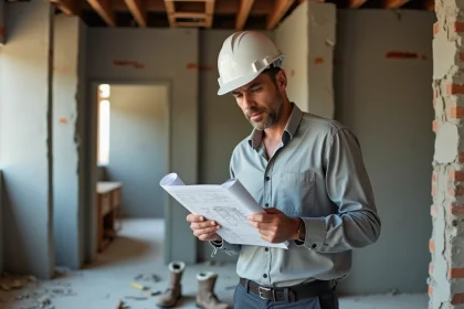 Marchand de biens examinant des plans de rénovation dans un appartement en travaux