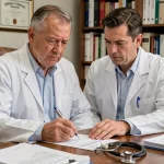 Médecin généraliste remplissant un certificat médical pour préavis réduit à son bureau de consultation