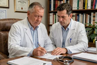 Médecin généraliste remplissant un certificat médical pour préavis réduit à son bureau de consultation