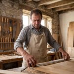 Menuisier professionnel mesurant un panneau en bois dans son atelier à Nîmes