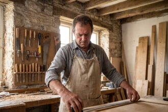 Menuisier professionnel mesurant un panneau en bois dans son atelier à Nîmes