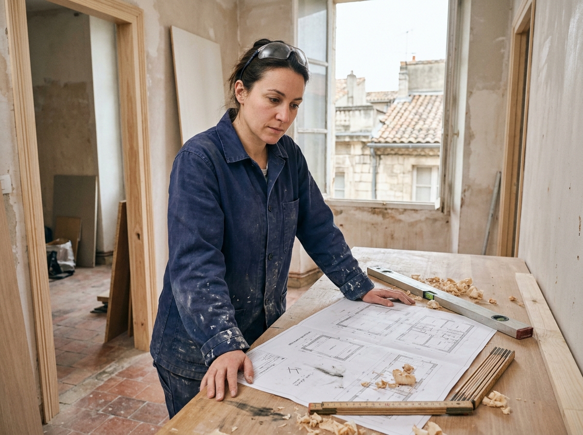 Menuisière consultant des plans de rénovation dans un appartement en travaux à Nîmes