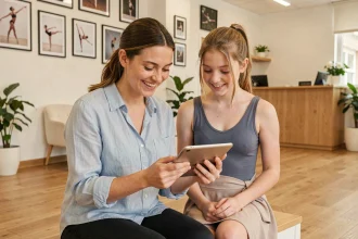 Mère et fille souriantes dans la réception d'un studio de danse moderne à La Roche-sur-Yon, consultant des photos sur une tablette