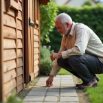 Homme mesurant l'emprise au sol d'un abri de jardin en bois avec un mètre ruban dans un jardin pavillonnaire