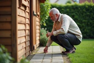 Homme mesurant l'emprise au sol d'un abri de jardin en bois avec un mètre ruban dans un jardin pavillonnaire