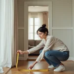 Femme mesurant la superficie d'un salon dans un appartement F3 avec un mètre ruban