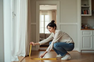 Femme mesurant la superficie d'un salon dans un appartement F3 avec un mètre ruban