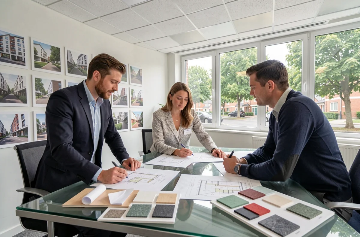 Équipe d'architectes de MFR Architectes en réunion de travail autour de plans de projet