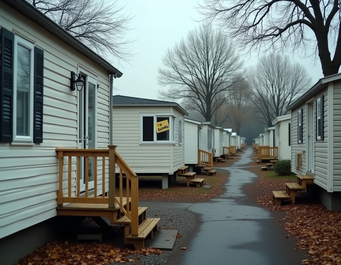 Rangée de mobil-homes à vendre dans un camping ouvert à l'année en automne avec panneau à vendre