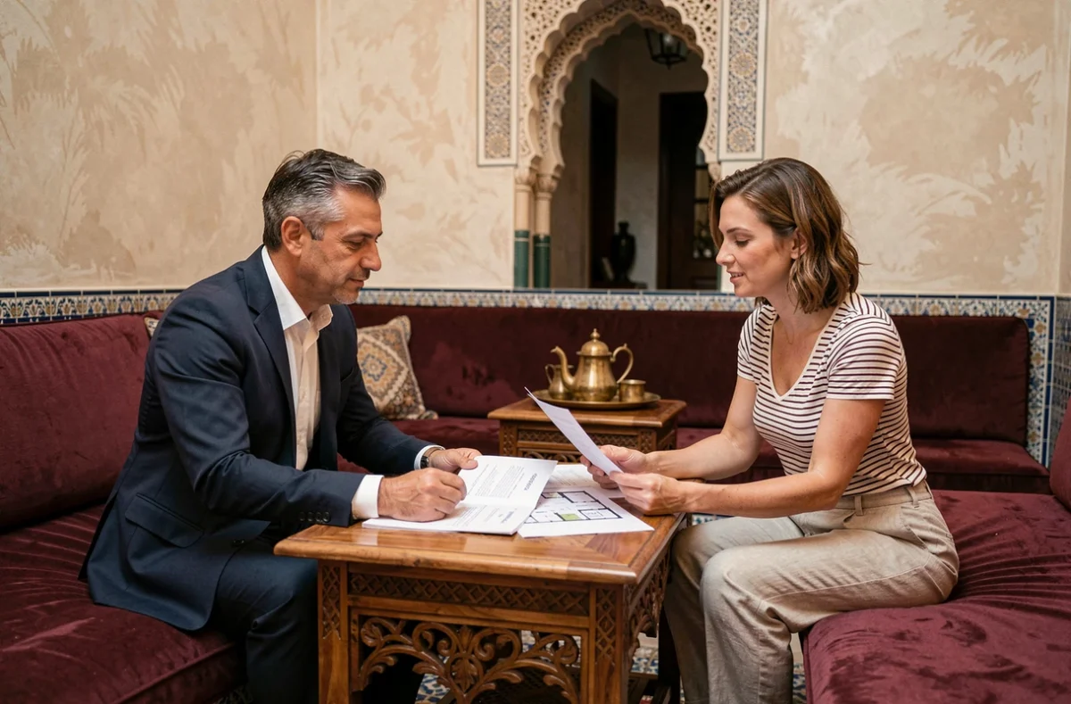 Agent immobilier présentant des documents d'achat à une acquéreuse dans le salon d'un riad de Marrakech