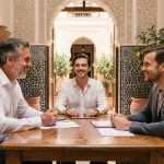 Négociation du prix d'une villa à Marrakech entre un agent immobilier marocain et des acheteurs européens dans un riad traditionnel
