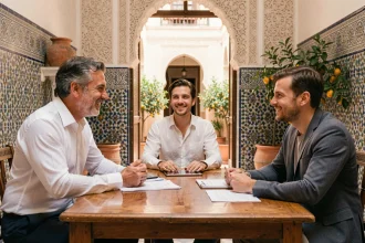 Négociation du prix d'une villa à Marrakech entre un agent immobilier marocain et des acheteurs européens dans un riad traditionnel