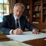 Notaire examinant des documents d'achat de terrain au bord de la mer dans son bureau officiel