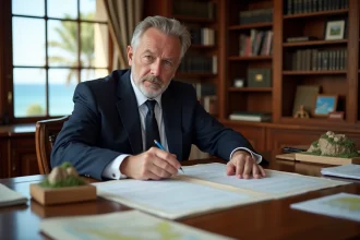 Notaire examinant des documents d'achat de terrain au bord de la mer dans son bureau officiel