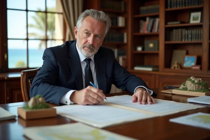 Notaire examinant des documents d'achat de terrain au bord de la mer dans son bureau officiel