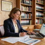 Notaire professionnelle consultant des documents ERP sur son bureau dans une étude notariale française